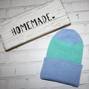 🤍 Reversible White, Blue & Teal Knit Beanie – Handmade · Women’s Medium